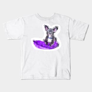 Cute Black And White Bulldog Puppy On A Purple Cusion Digital Portrait Kids T-Shirt